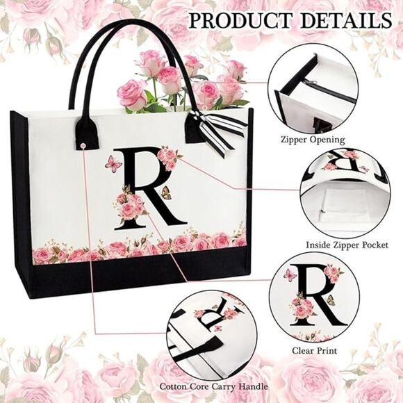 Floral Tote Bag Set - Mono 'R" Chic, Gift-Ready & Stylish Carryall - Picture 4 of 5